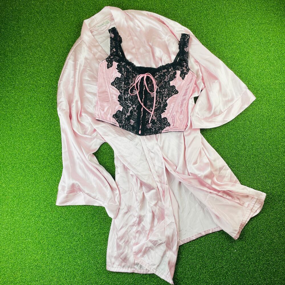 Fredericks of Hollywood Pink Black Satin Lace Corset Bustier Y2K Coquette Medium
